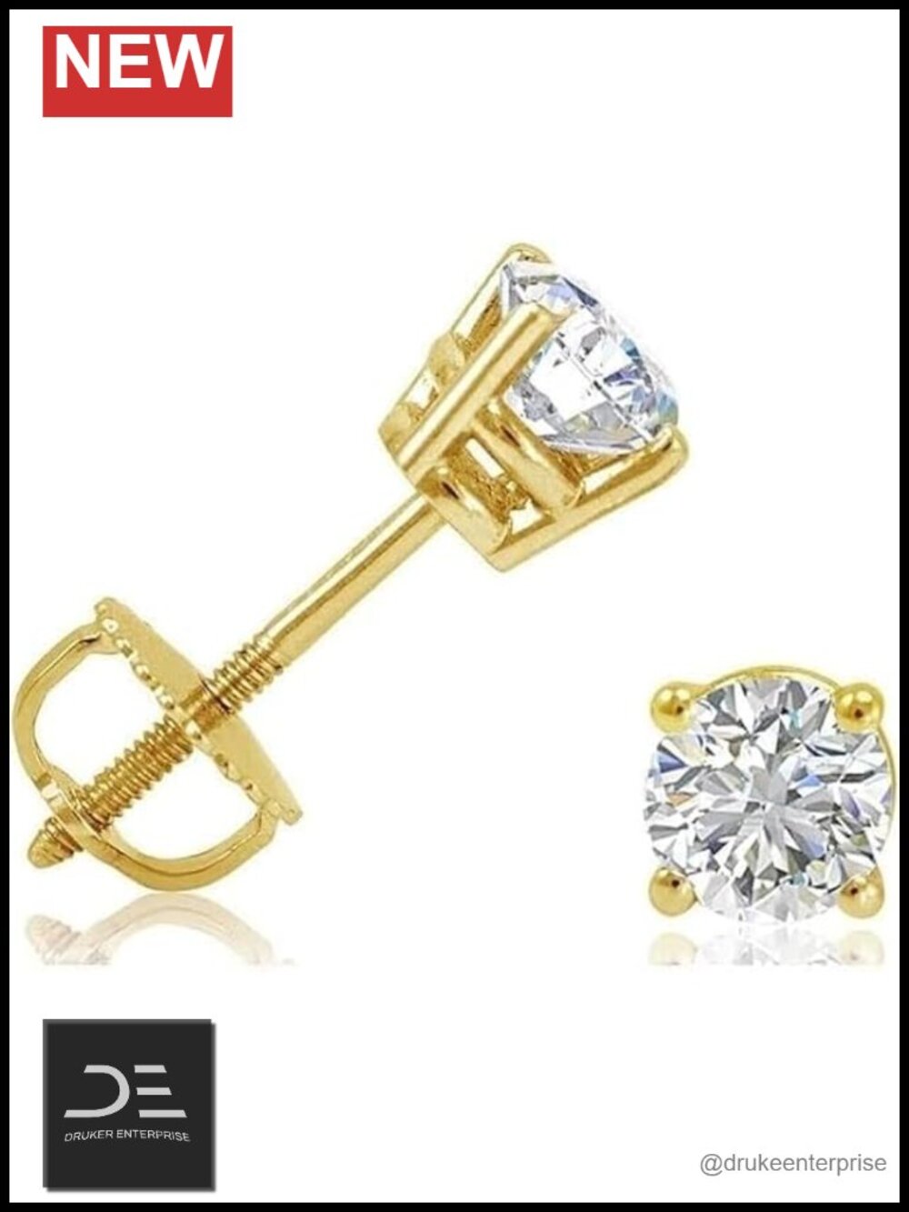 14K Yellow Gold Diamond Stud Earrings 1/2 Carat Round Screw Back